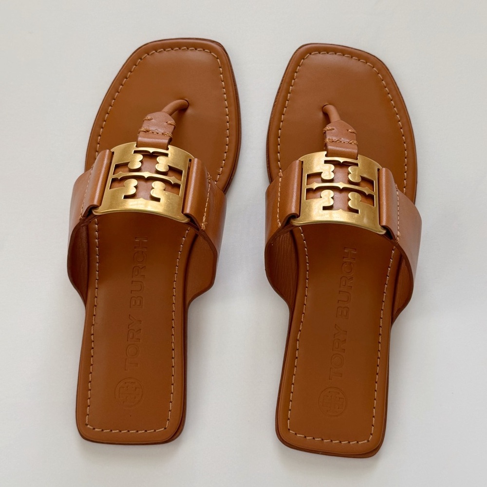 NWT Tory Burch Georgia Calf Leather Sandals, Aged Camello /Gold - Picture 14 of 16